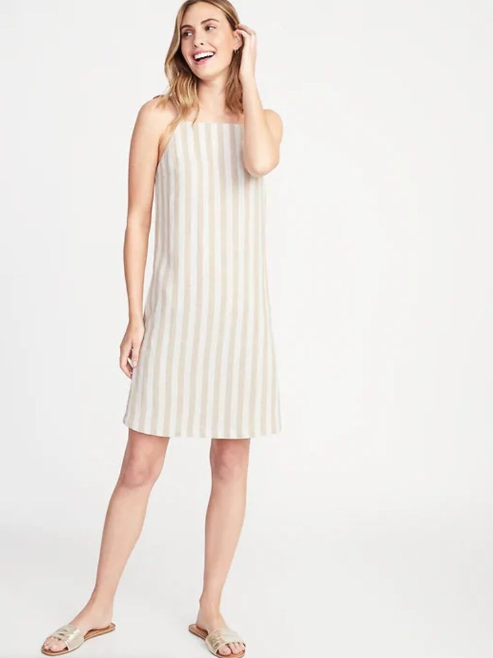 NEW NWT Old Navy Striped Linen-Blend Square Neck Shift Dress Color: Beige Stripe
